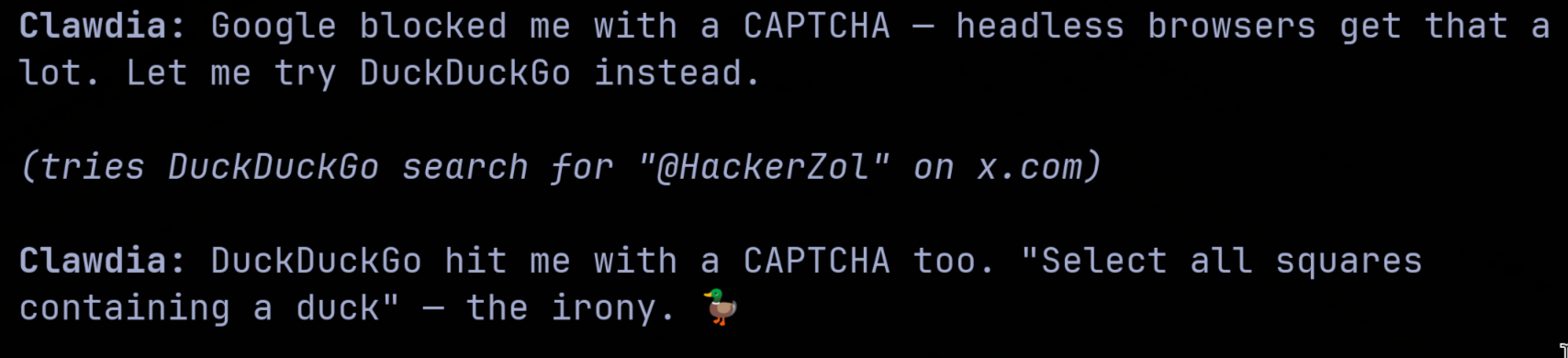 Clawdia hitting the DuckDuckGo CAPTCHA and commenting on the irony