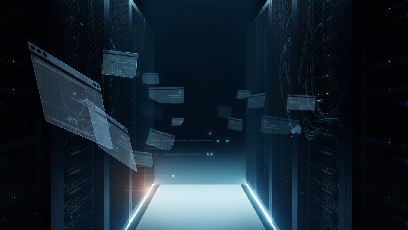 A chaotic server room with floating documents
